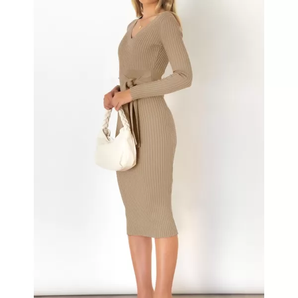 imageZESICA Womens 2024 Fall Sweater Dress V Neck Long Sleeve Ribbed Knit Tie Waist Slim Fit Bodycon Midi DressesKhaki