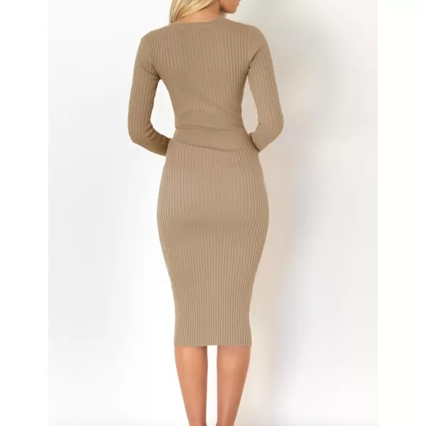 imageZESICA Womens 2024 Fall Sweater Dress V Neck Long Sleeve Ribbed Knit Tie Waist Slim Fit Bodycon Midi DressesKhaki
