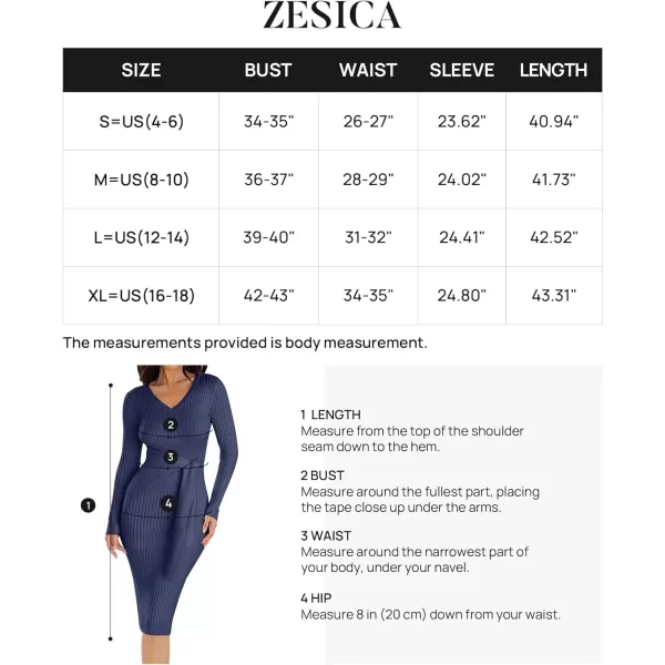 imageZESICA Womens 2024 Fall Sweater Dress V Neck Long Sleeve Ribbed Knit Tie Waist Slim Fit Bodycon Midi DressesNavy