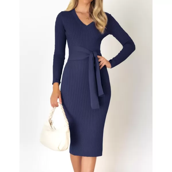 imageZESICA Womens 2024 Fall Sweater Dress V Neck Long Sleeve Ribbed Knit Tie Waist Slim Fit Bodycon Midi DressesNavy