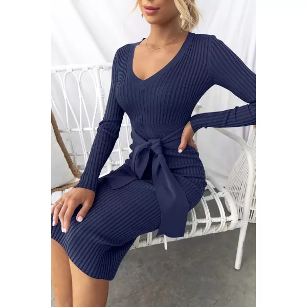 imageZESICA Womens 2024 Fall Sweater Dress V Neck Long Sleeve Ribbed Knit Tie Waist Slim Fit Bodycon Midi DressesNavy