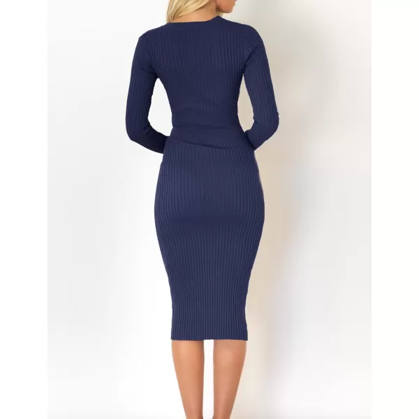 imageZESICA Womens 2024 Fall Sweater Dress V Neck Long Sleeve Ribbed Knit Tie Waist Slim Fit Bodycon Midi DressesNavy