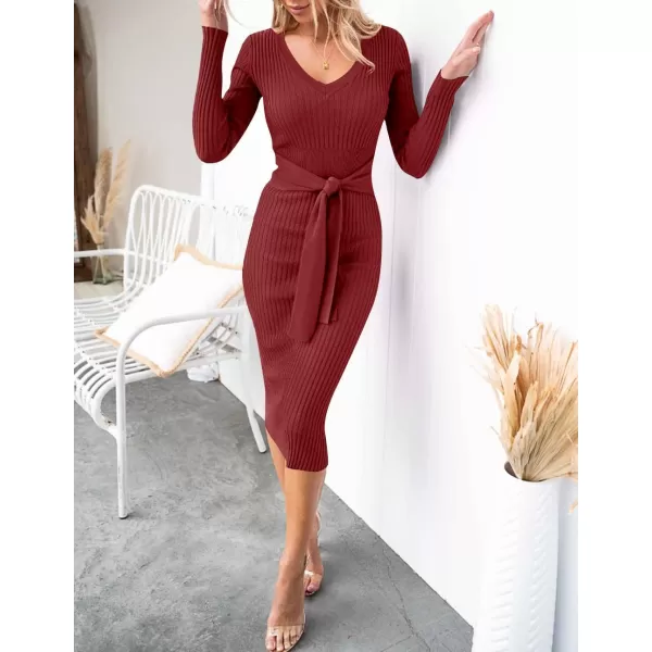 imageZESICA Womens 2024 Fall Sweater Dress V Neck Long Sleeve Ribbed Knit Tie Waist Slim Fit Bodycon Midi DressesRed