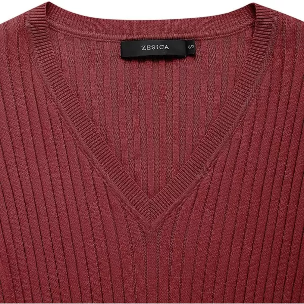 imageZESICA Womens 2024 Fall Sweater Dress V Neck Long Sleeve Ribbed Knit Tie Waist Slim Fit Bodycon Midi DressesRed