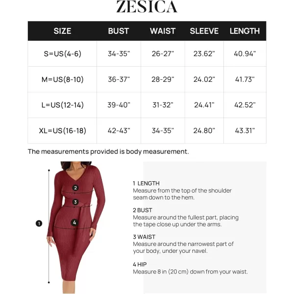 imageZESICA Womens 2024 Fall Sweater Dress V Neck Long Sleeve Ribbed Knit Tie Waist Slim Fit Bodycon Midi DressesRed