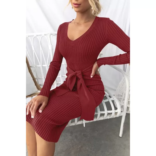 imageZESICA Womens 2024 Fall Sweater Dress V Neck Long Sleeve Ribbed Knit Tie Waist Slim Fit Bodycon Midi DressesRed