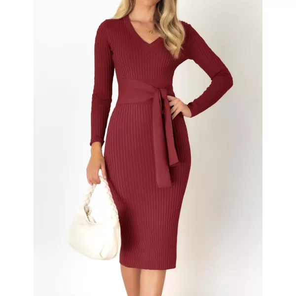 imageZESICA Womens 2024 Fall Sweater Dress V Neck Long Sleeve Ribbed Knit Tie Waist Slim Fit Bodycon Midi DressesRed