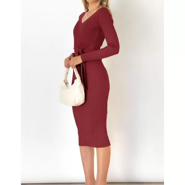 imageZESICA Womens 2024 Fall Sweater Dress V Neck Long Sleeve Ribbed Knit Tie Waist Slim Fit Bodycon Midi DressesRed