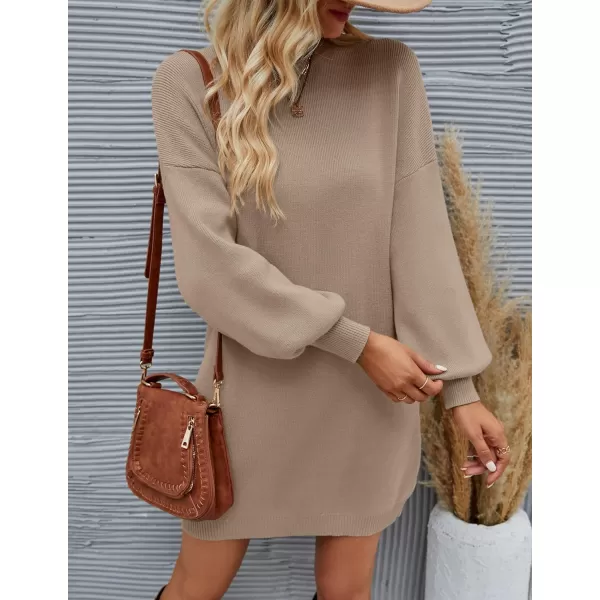 imageZESICA Womens 2024 Fall Turtleneck Sweaters Dress Oversized Long Lantern Sleeve Casual Knit Pullover Short DressesAlmond