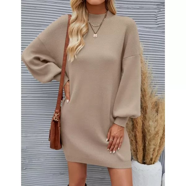 imageZESICA Womens 2024 Fall Turtleneck Sweaters Dress Oversized Long Lantern Sleeve Casual Knit Pullover Short DressesAlmond