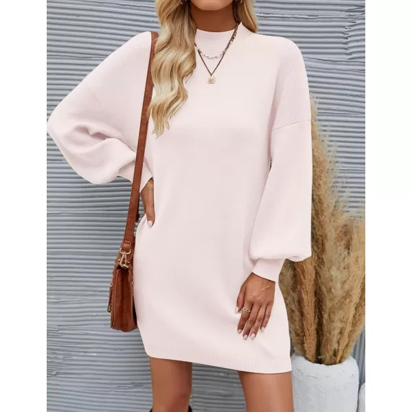 imageZESICA Womens 2024 Fall Turtleneck Sweaters Dress Oversized Long Lantern Sleeve Casual Knit Pullover Short DressesApricot