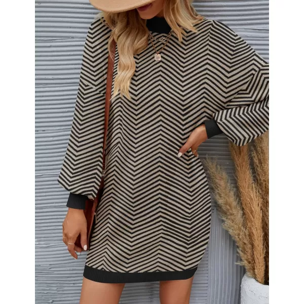 imageZESICA Womens 2024 Fall Turtleneck Sweaters Dress Oversized Long Lantern Sleeve Casual Knit Pullover Short DressesBrown