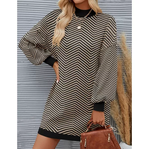 imageZESICA Womens 2024 Fall Turtleneck Sweaters Dress Oversized Long Lantern Sleeve Casual Knit Pullover Short DressesBrown