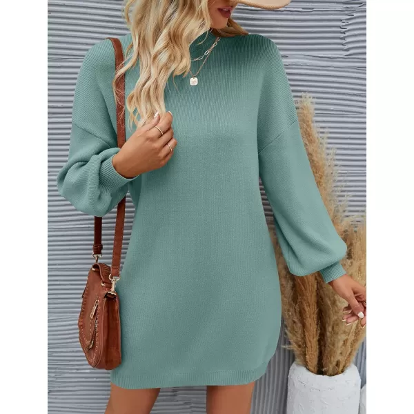 imageZESICA Womens 2024 Fall Turtleneck Sweaters Dress Oversized Long Lantern Sleeve Casual Knit Pullover Short DressesGreygreen