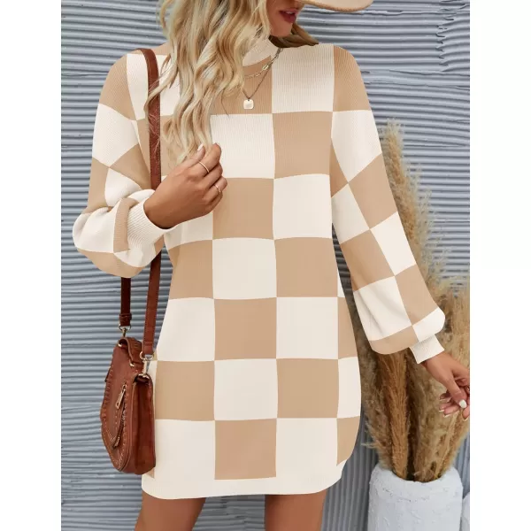 imageZESICA Womens 2024 Fall Turtleneck Sweaters Dress Oversized Long Lantern Sleeve Casual Knit Pullover Short DressesKhaki