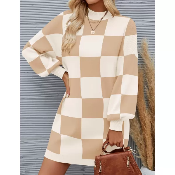 imageZESICA Womens 2024 Fall Turtleneck Sweaters Dress Oversized Long Lantern Sleeve Casual Knit Pullover Short DressesKhaki