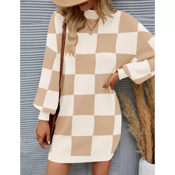 imageZESICA Womens 2024 Fall Turtleneck Sweaters Dress Oversized Long Lantern Sleeve Casual Knit Pullover Short DressesKhaki