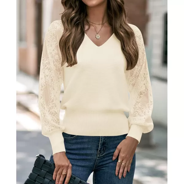 imageZESICA Womens 2024 Fall V Neck Lace Patchwork Solid Color Long Sleeve Casual Knit Pullover Sweater TopsBeige