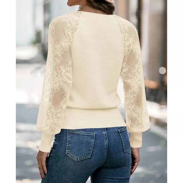 imageZESICA Womens 2024 Fall V Neck Lace Patchwork Solid Color Long Sleeve Casual Knit Pullover Sweater TopsBeige