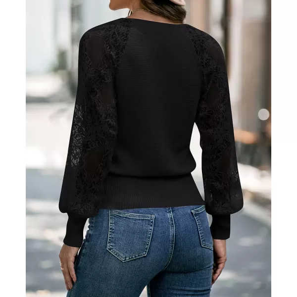 imageZESICA Womens 2024 Fall V Neck Lace Patchwork Solid Color Long Sleeve Casual Knit Pullover Sweater TopsBlack