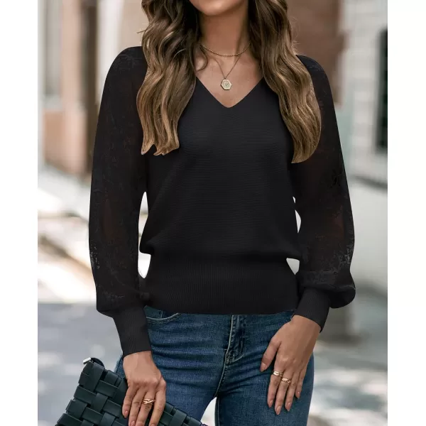 imageZESICA Womens 2024 Fall V Neck Lace Patchwork Solid Color Long Sleeve Casual Knit Pullover Sweater TopsBlack