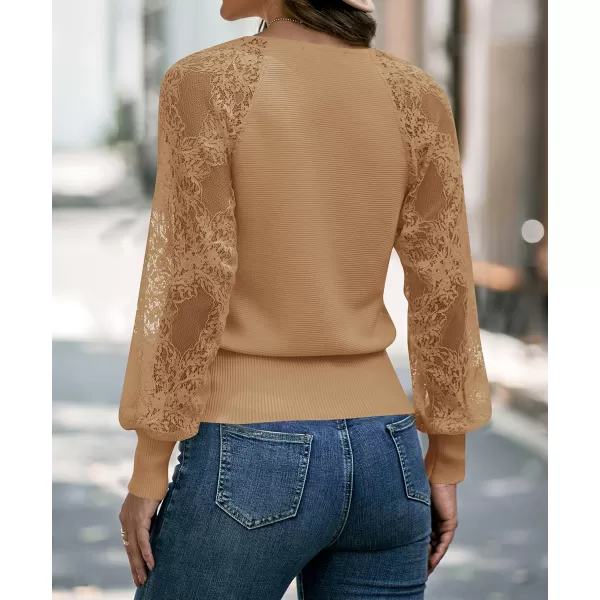 imageZESICA Womens 2024 Fall V Neck Lace Patchwork Solid Color Long Sleeve Casual Knit Pullover Sweater TopsCamel