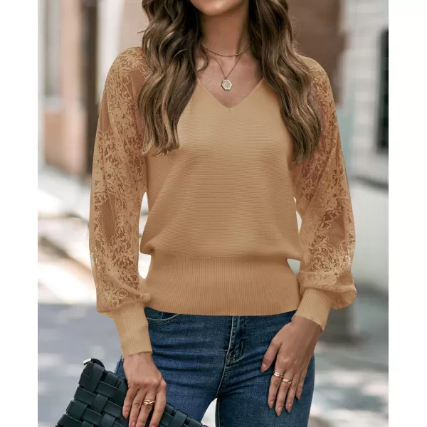 imageZESICA Womens 2024 Fall V Neck Lace Patchwork Solid Color Long Sleeve Casual Knit Pullover Sweater TopsCamel