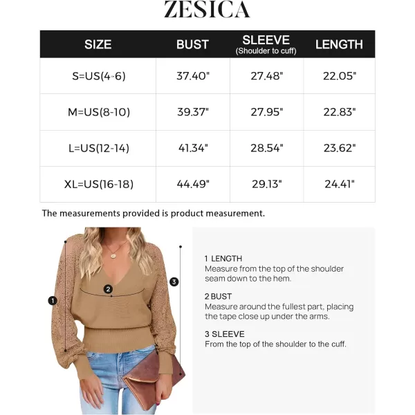 imageZESICA Womens 2024 Fall V Neck Lace Patchwork Solid Color Long Sleeve Casual Knit Pullover Sweater TopsCamel