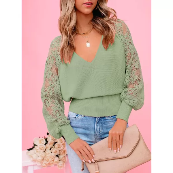 imageZESICA Womens 2024 Fall V Neck Lace Patchwork Solid Color Long Sleeve Casual Knit Pullover Sweater TopsGreen