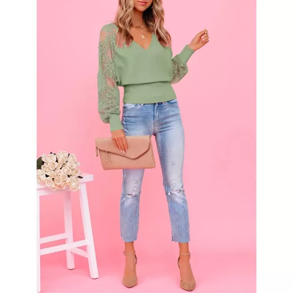 imageZESICA Womens 2024 Fall V Neck Lace Patchwork Solid Color Long Sleeve Casual Knit Pullover Sweater TopsGreen