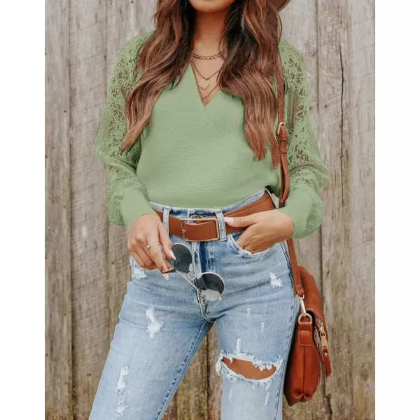 imageZESICA Womens 2024 Fall V Neck Lace Patchwork Solid Color Long Sleeve Casual Knit Pullover Sweater TopsGreen