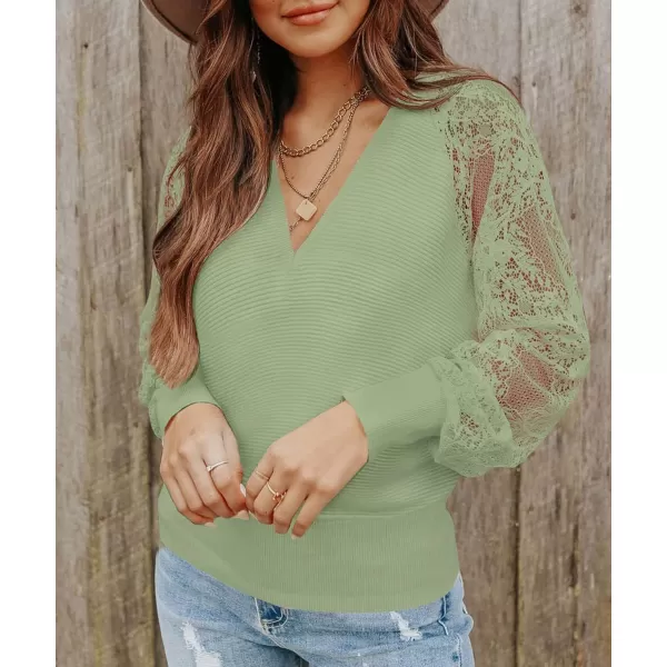 imageZESICA Womens 2024 Fall V Neck Lace Patchwork Solid Color Long Sleeve Casual Knit Pullover Sweater TopsGreen