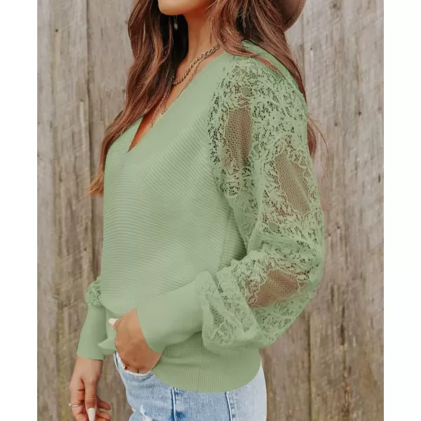 imageZESICA Womens 2024 Fall V Neck Lace Patchwork Solid Color Long Sleeve Casual Knit Pullover Sweater TopsGreen