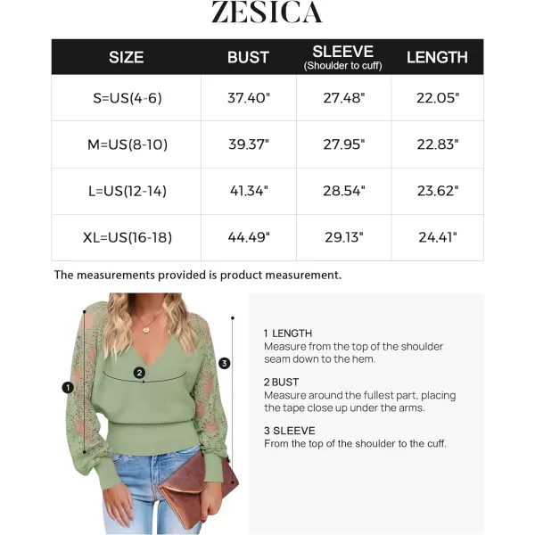 imageZESICA Womens 2024 Fall V Neck Lace Patchwork Solid Color Long Sleeve Casual Knit Pullover Sweater TopsGreen