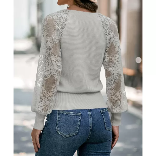 imageZESICA Womens 2024 Fall V Neck Lace Patchwork Solid Color Long Sleeve Casual Knit Pullover Sweater TopsGrey