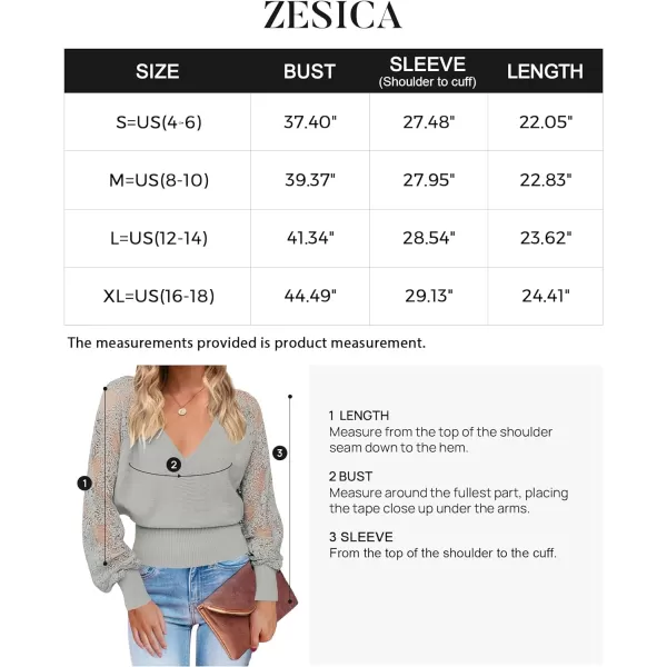 imageZESICA Womens 2024 Fall V Neck Lace Patchwork Solid Color Long Sleeve Casual Knit Pullover Sweater TopsGrey