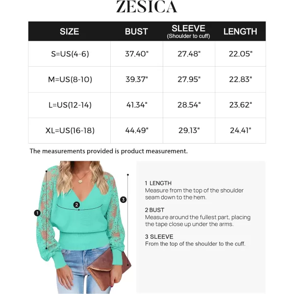imageZESICA Womens 2024 Fall V Neck Lace Patchwork Solid Color Long Sleeve Casual Knit Pullover Sweater TopsLakegreen