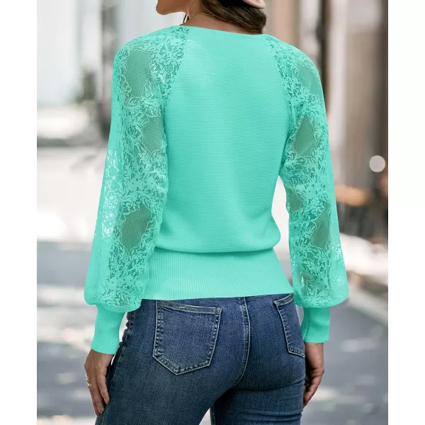 imageZESICA Womens 2024 Fall V Neck Lace Patchwork Solid Color Long Sleeve Casual Knit Pullover Sweater TopsLakegreen