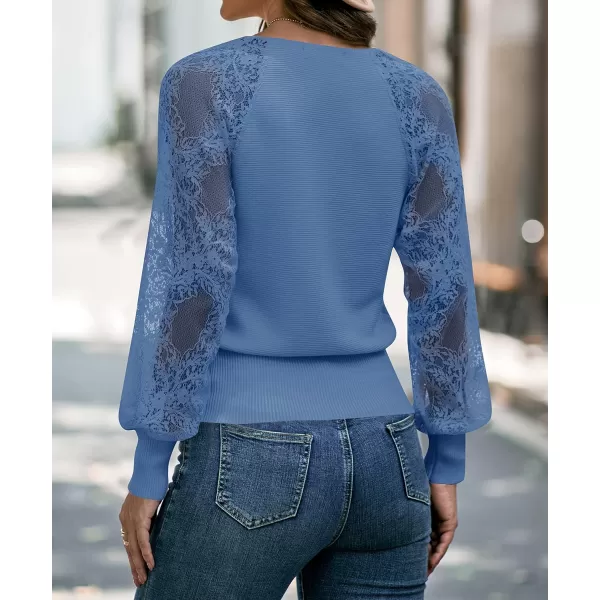 imageZESICA Womens 2024 Fall V Neck Lace Patchwork Solid Color Long Sleeve Casual Knit Pullover Sweater TopsMidnightblue