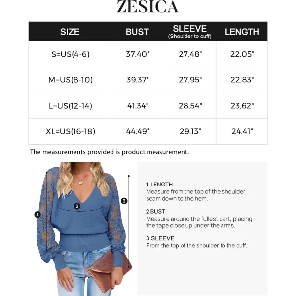 imageZESICA Womens 2024 Fall V Neck Lace Patchwork Solid Color Long Sleeve Casual Knit Pullover Sweater TopsMidnightblue