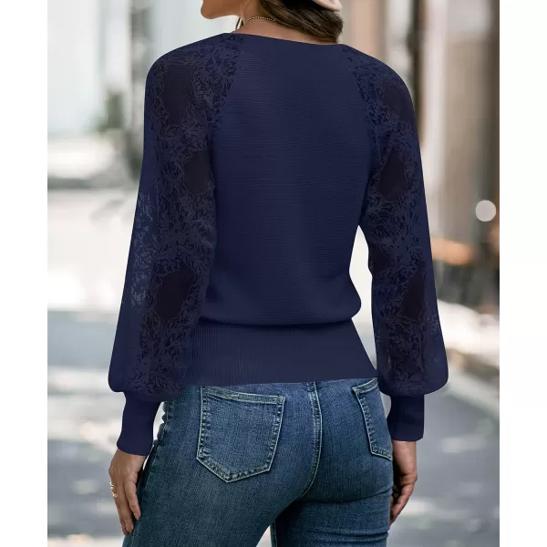 imageZESICA Womens 2024 Fall V Neck Lace Patchwork Solid Color Long Sleeve Casual Knit Pullover Sweater TopsNavy