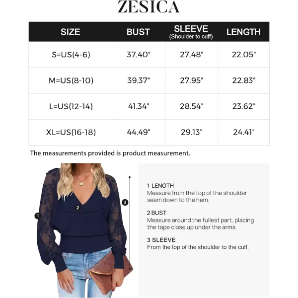 imageZESICA Womens 2024 Fall V Neck Lace Patchwork Solid Color Long Sleeve Casual Knit Pullover Sweater TopsNavy