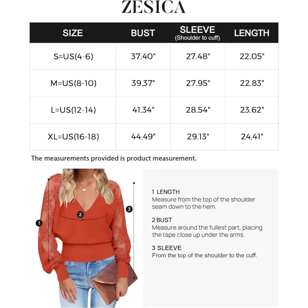imageZESICA Womens 2024 Fall V Neck Lace Patchwork Solid Color Long Sleeve Casual Knit Pullover Sweater TopsOrange