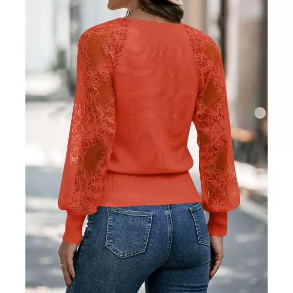 imageZESICA Womens 2024 Fall V Neck Lace Patchwork Solid Color Long Sleeve Casual Knit Pullover Sweater TopsOrange
