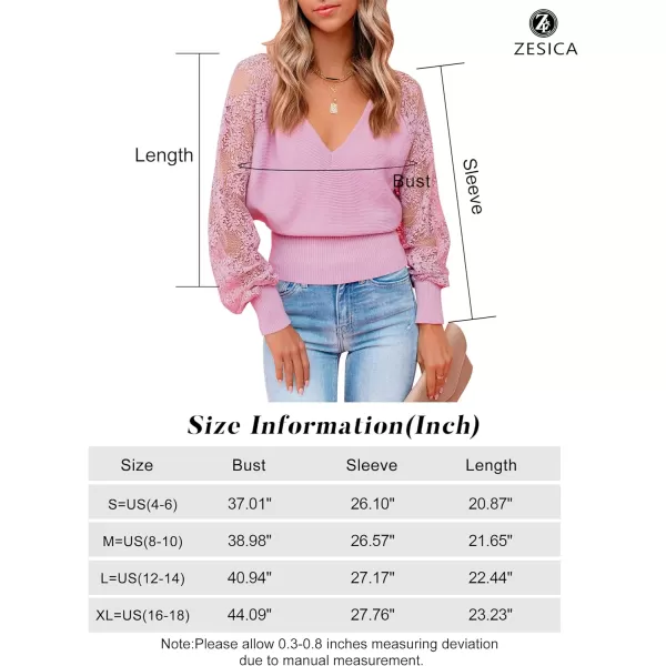 imageZESICA Womens 2024 Fall V Neck Lace Patchwork Solid Color Long Sleeve Casual Knit Pullover Sweater TopsPink
