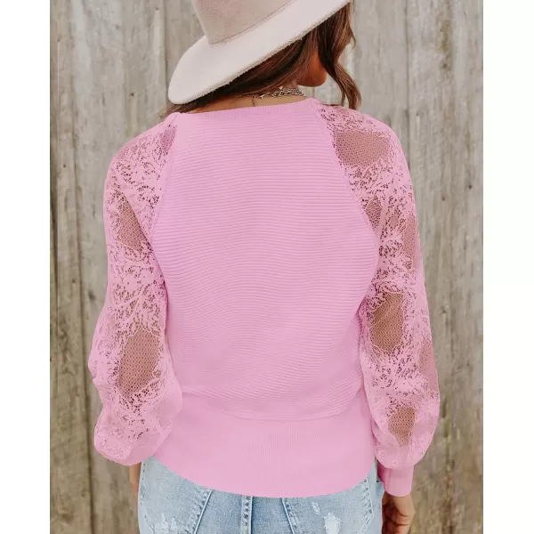 imageZESICA Womens 2024 Fall V Neck Lace Patchwork Solid Color Long Sleeve Casual Knit Pullover Sweater TopsPink