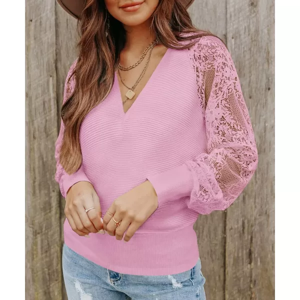 imageZESICA Womens 2024 Fall V Neck Lace Patchwork Solid Color Long Sleeve Casual Knit Pullover Sweater TopsPink