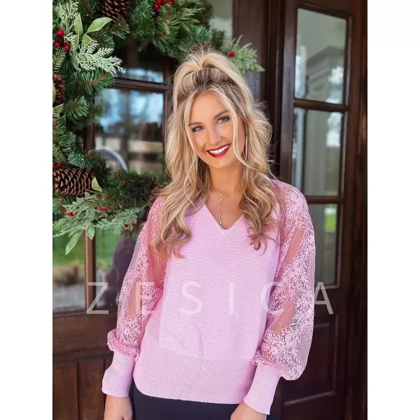 imageZESICA Womens 2024 Fall V Neck Lace Patchwork Solid Color Long Sleeve Casual Knit Pullover Sweater TopsPink