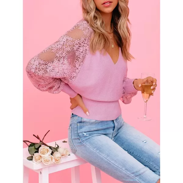 imageZESICA Womens 2024 Fall V Neck Lace Patchwork Solid Color Long Sleeve Casual Knit Pullover Sweater TopsPink