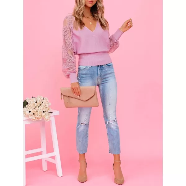 imageZESICA Womens 2024 Fall V Neck Lace Patchwork Solid Color Long Sleeve Casual Knit Pullover Sweater TopsPink